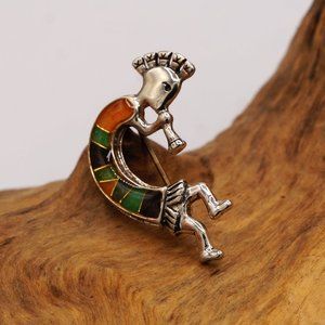 Vintage Carolyn Pollack Relios Colorful Enamel Inlay Silver Kokopelli Brooch